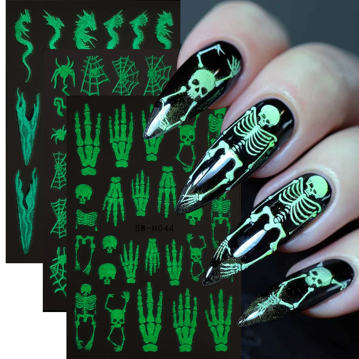 3 Stück leuchtende Halloween-Element-Nagelaufkleber, die im Dunkeln leuchten, Totenkopf-Skelett, Spinnen-Drachen-Design, Dekor, französische Maniküre-Abziehbilder