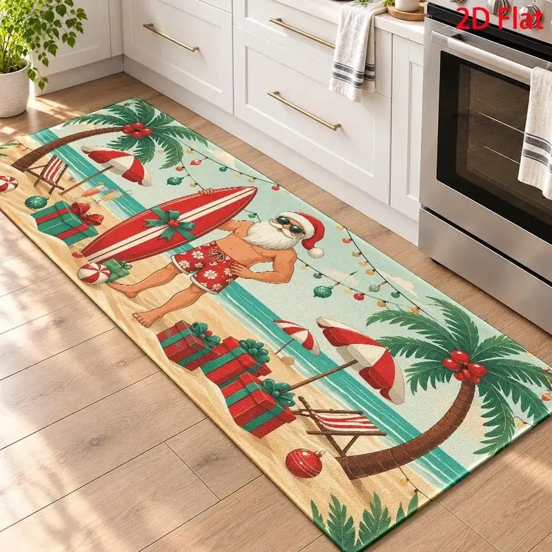 VIKAMA Tropical Santa Beach Bedside Rug Surfboard Palm Tree Gifts Soft Non Slip Washable Carpet Christmas Holiday Decor