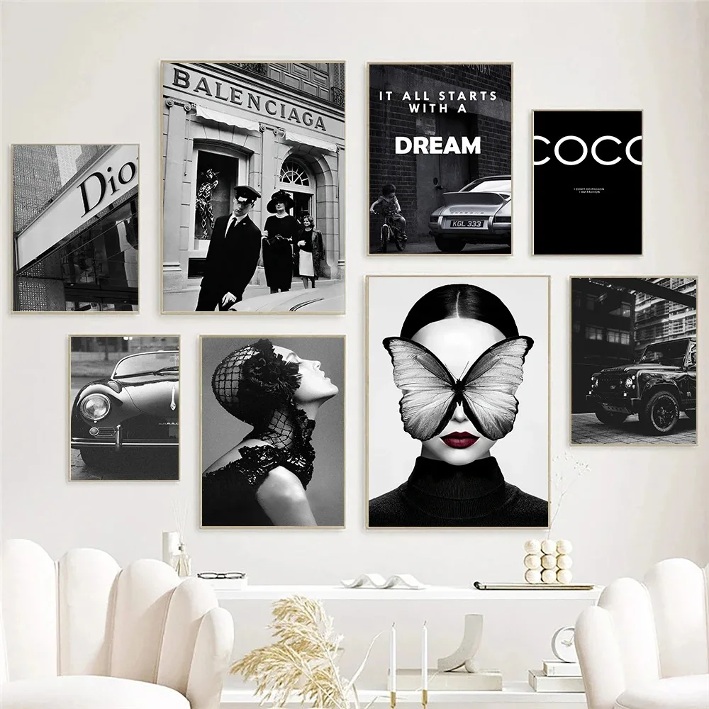 Black and White Butterfly Girl Car Pictures Fashion Paris Luxury Brand Posters Nordic Wall Art Canvas Painting for Living Room