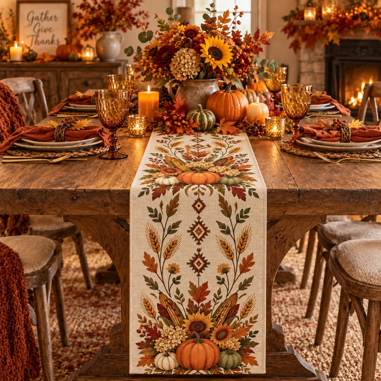 Autumn Pumpkin Table Runner Harvest Maple Leaf Vine Print Farmhouse Dining Table Decor Thanksgiving Fall Home Decoration