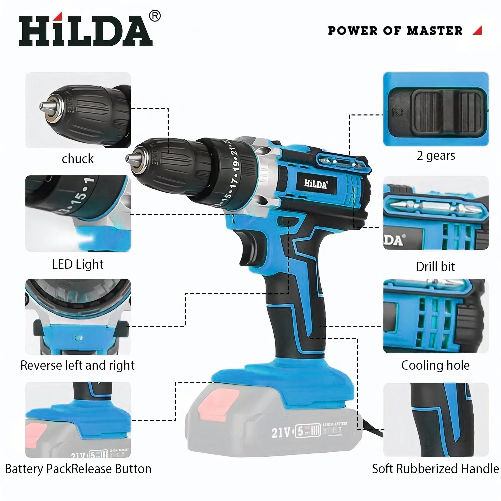 HILDA elektrisk boremaskine 21V ledningsfrit elværktøj 25+3 momenttilstande Makita batteri - Image 6