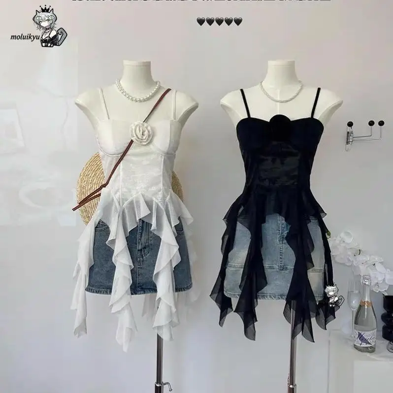 Y2K White Ruffle Camisole Top Women 3D Rose Corset Bustier Asymmetrical Hem Lace Chiffon Tank Top Summer Party Club Streetwear