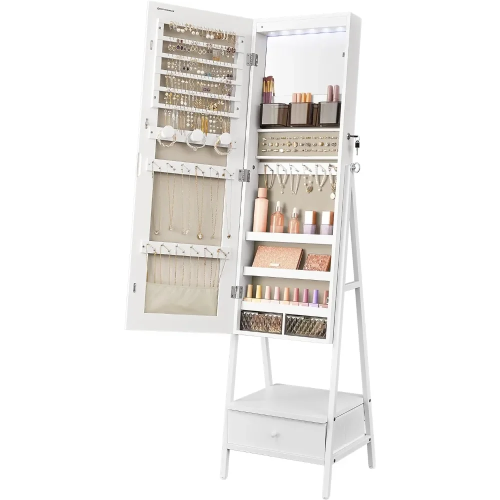 

LED mirror jewelry cabinet standing upright, lockable jewelry armor, jewelry storage device with mirror, drawer, and shelf