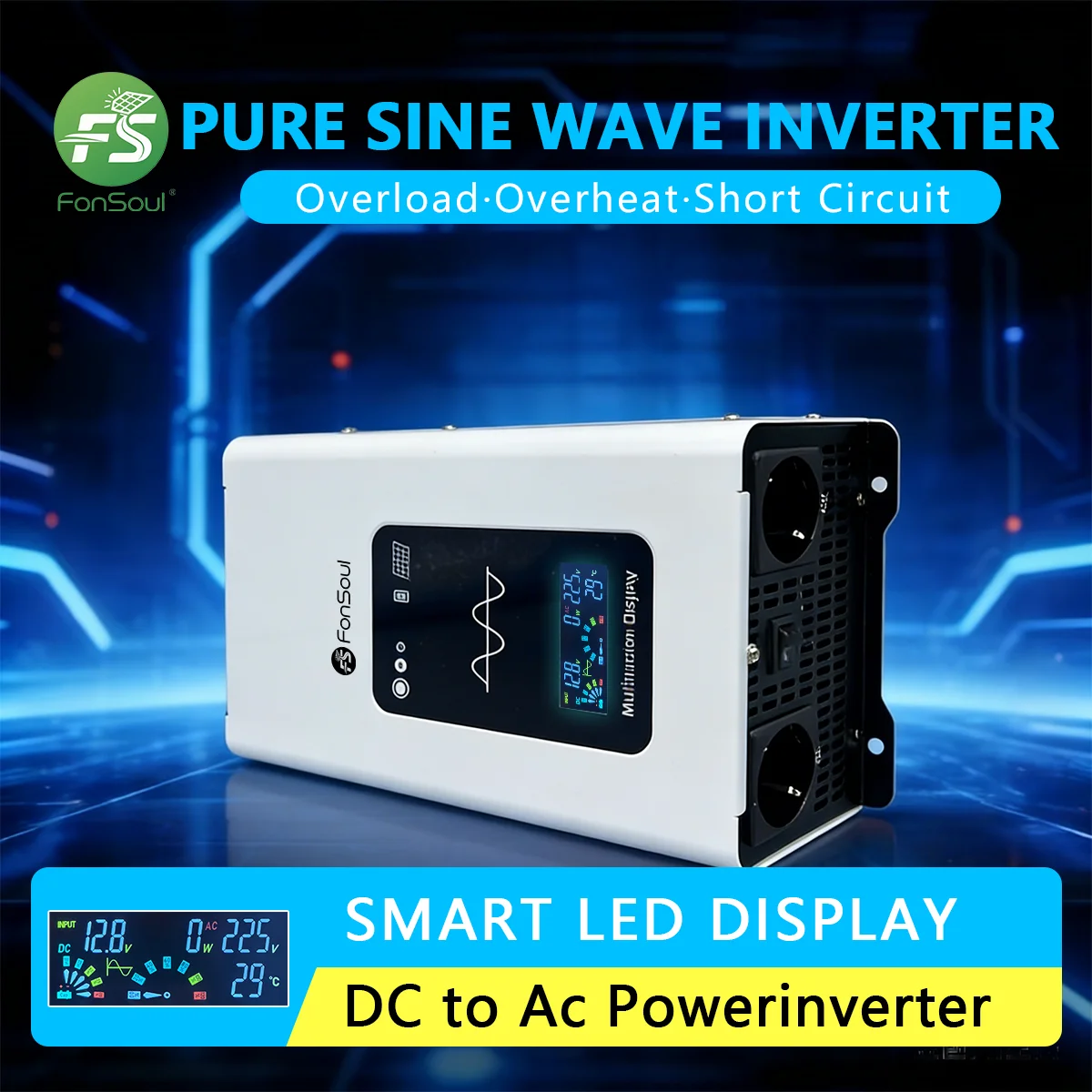 Fonsoul Universal or Europe Sockets Pure Sine Wave Inverter 3500W DC 12V 24V to AC 110V 220V/230V Home Appliance Automotive Use