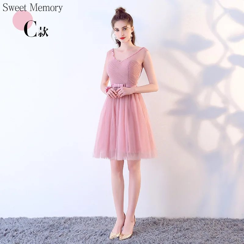 Vestido de dama de honra curto rosa, Doce Memória, Joelho Tulle Net, Vestido de Graduação, Noiva, Irmãs, Vestidos de Casamento, 6 Estilos, F79