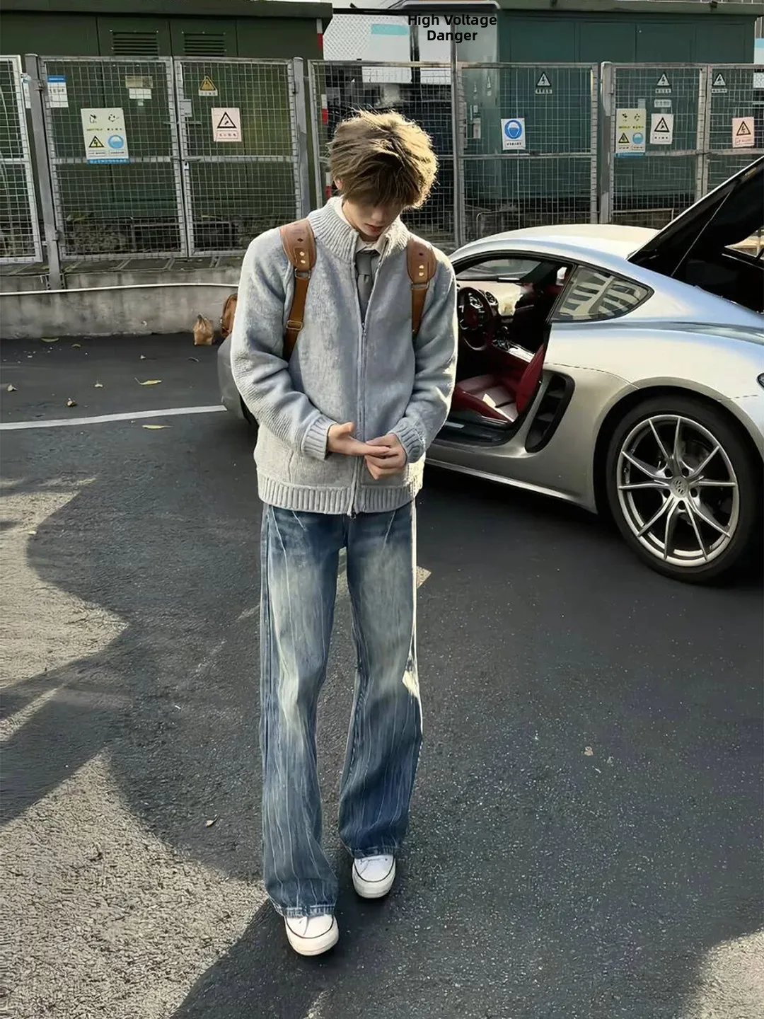 Blue Washed Lightning Pattern Men's Jeans Slim Fit Straight Leg Capri Pants Fashionable Casual Style mid Waist Zipper Fly