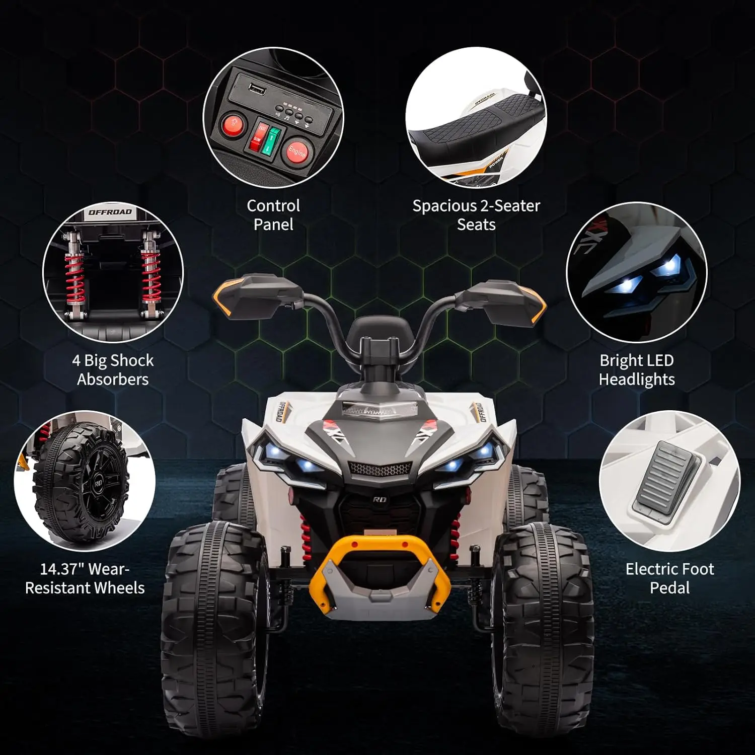 24V Kids Electric ATV Car 2 Seater Ride on Car with Dual 550w Motor Off-Road 4 Wheeler LED Lights Music Player 110 Lb Capacity
