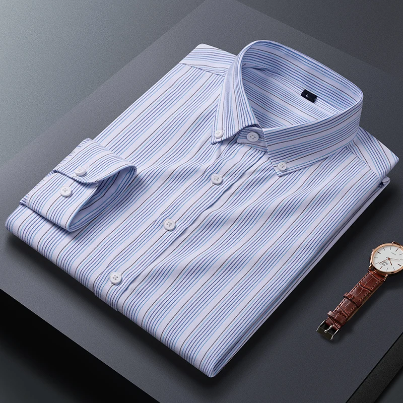 Men\'s Striped Dress Shirt Long Sleeve Cotton Basic Classic Formal Social Business Office Shirt Single Patch Pocket Standard