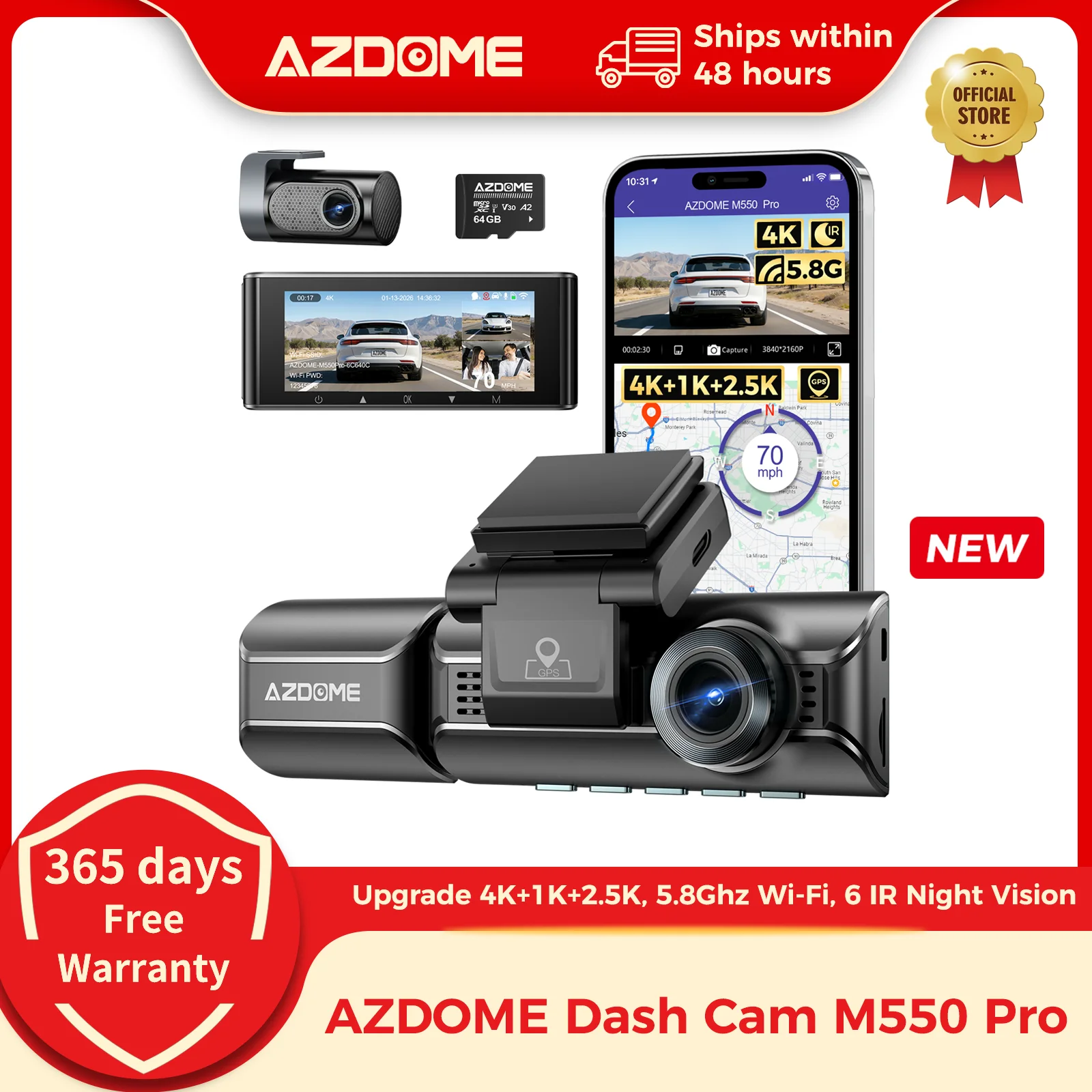 Mise à niveau AZDOME M550 Pro Dash Cam 4K Dashcam avant Auto 5.8Ghz Wi-Fi GPS g-sensor voiture DVR 6 IR Vision nocturne moniteur de stationnement