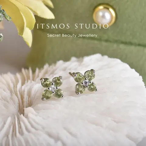 ITSMOS Garnet Amethyst Clover Earrings Stone Flower Diamond Cut Classic Peridot Silver Post Stud Earrings Jewerly Brithday Gift