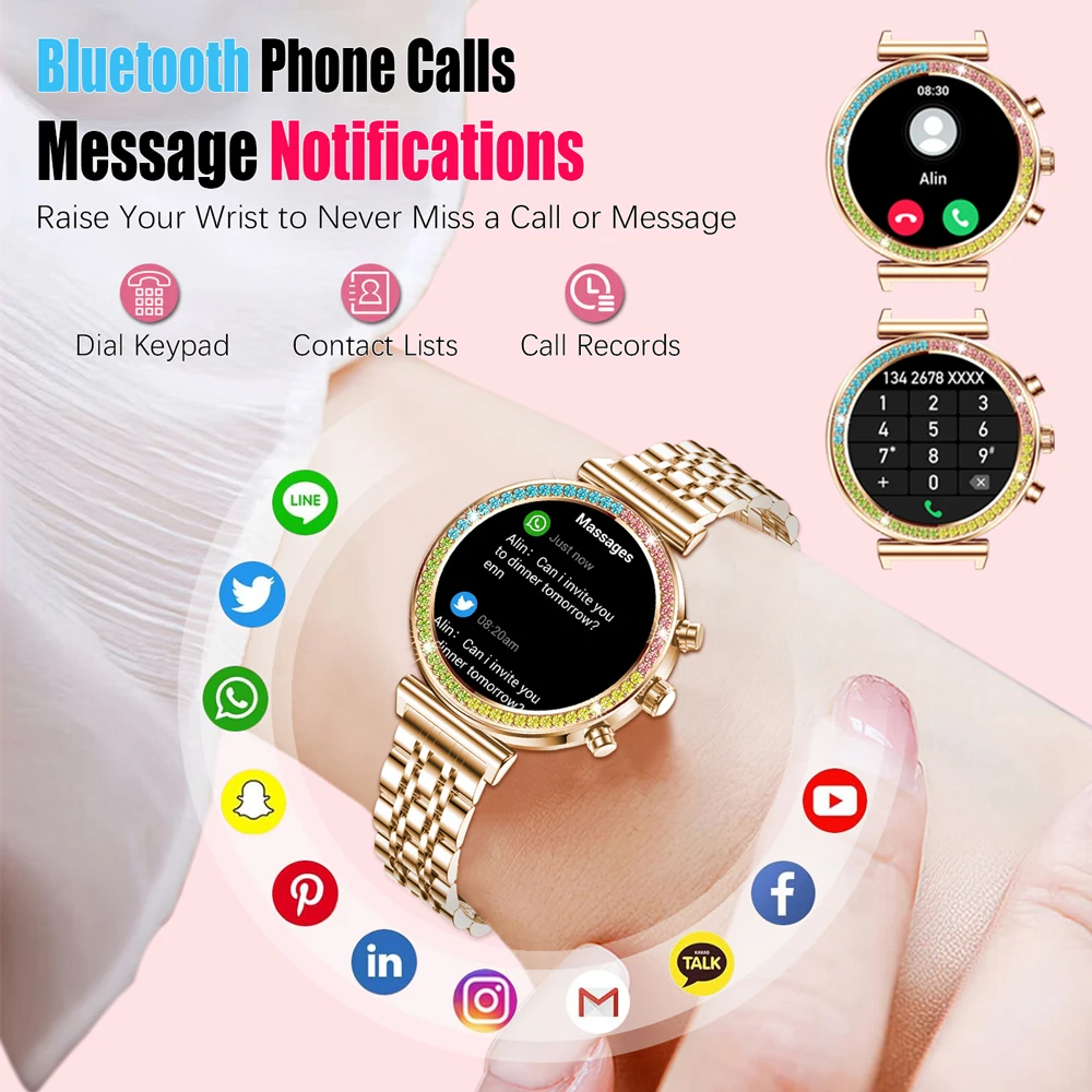 2025 ساعة ذكية جديدة للمرأة 1.27 "HD عرض ساعة ذكية النساء بلوتوث المكالمات مقاوم للماء الرياضة مراقبة معدل ضربات القلب الساعات