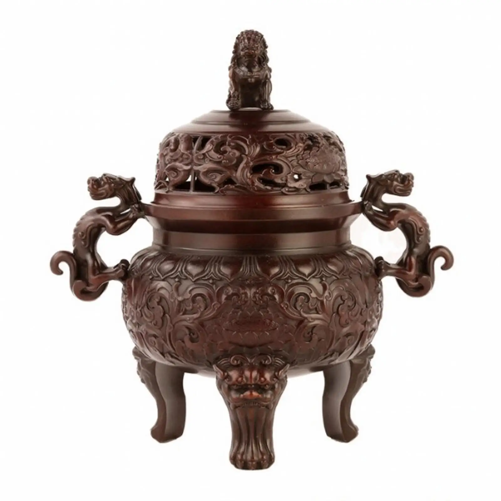 Copper Incense Burner with Lid Decorative Incense Burner with Lion Finial Tripod Censer with Handles Antique-Inspired Ornate