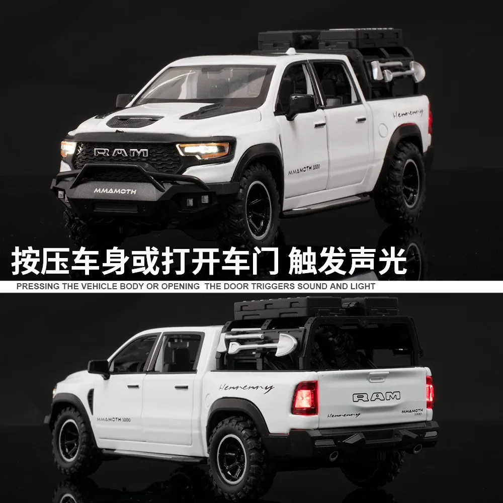 1:32 RAM TRX Mammoth 1000 pickup coche en miniatura de aleación sonido y luz tirar hacia atrás juguete para niños coleccionables regalo de cumpleaños