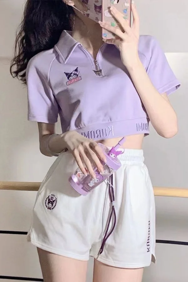 

Sanrio Kuromi Cartoon T-Shirt Set Girls Short Style High Waist Sportswear Travel Sports Summer Sweet Age Reducing Short Sleeve