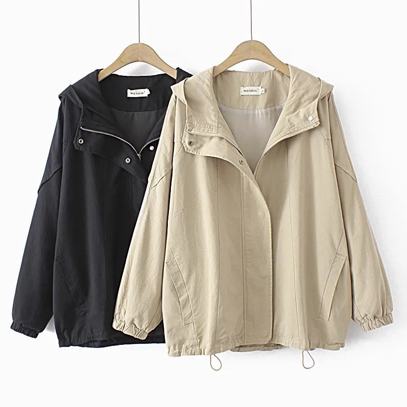 Oversized Casual Harajuku Style Hooded Trench Coat Women Clothing New Solid Color Loose Zippered Overcoat Female Windbreakers
