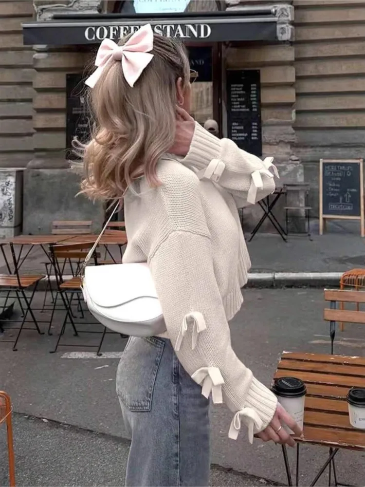 

2025 Winter Casual Sweater Winter Clothes Woman Pull Femmes Pullover Women's Clothing Bowknot Simple Style All-match Sweet Loose