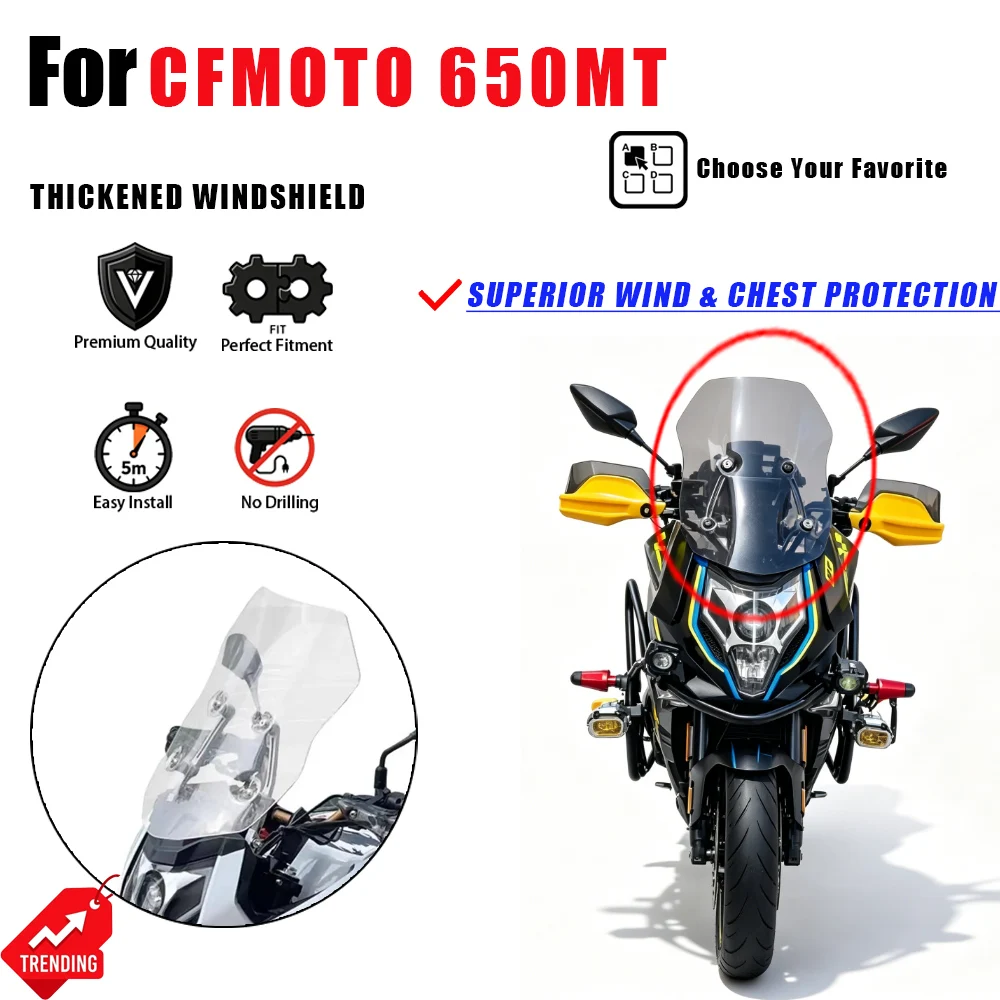 

For CFMOTO 650MT Motorcycle Windshield Heightened Thickened Front Windscreen Deflector Accesorios Moto Parabrisas Cupula 650 MT