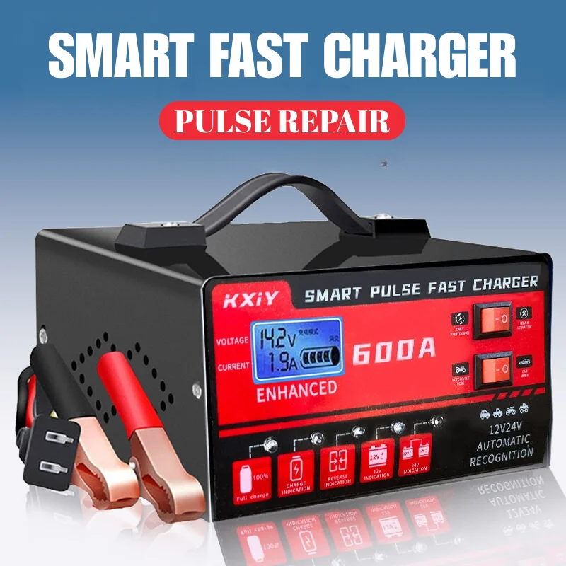 

Car Battery Charger 12V 24V 600A Intelligent Pulse Repair Voltage Temperature Detection Digital LCD Display Automatic Stop