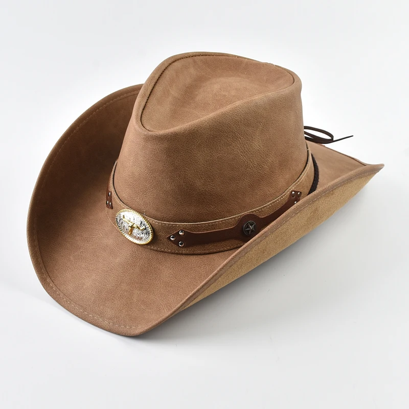 100% Leather Western Cowboy Hat for Men Wide Brim Gentleman Church Cowgirl Jazz Hats Pamama Windproof Rope Hat