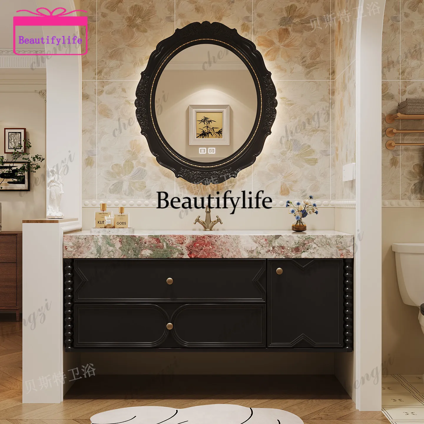 French Oak Bathroom Cabinet Combination Bathroom Slate Seamless Ceramic Basin Bathroom Cabinet