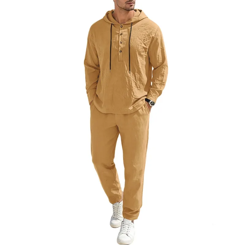 

Мужской повседневный льняной комплект из 2 предметов: толстовка с капюшоном и брюки-джоггеры с длинным рукавом