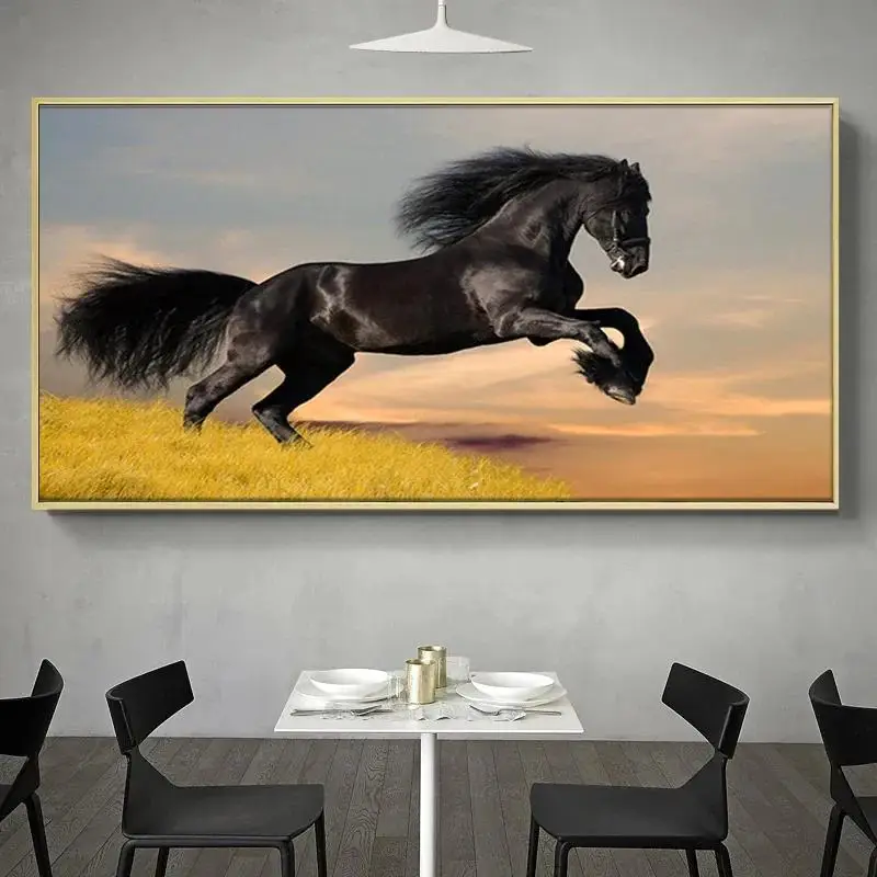 Pintura en lienzo de caballos galopantes, puesta de sol, animales salvajes, arte de pared escandinavo para decoración para sala de estar, carteles, colección de impresiones