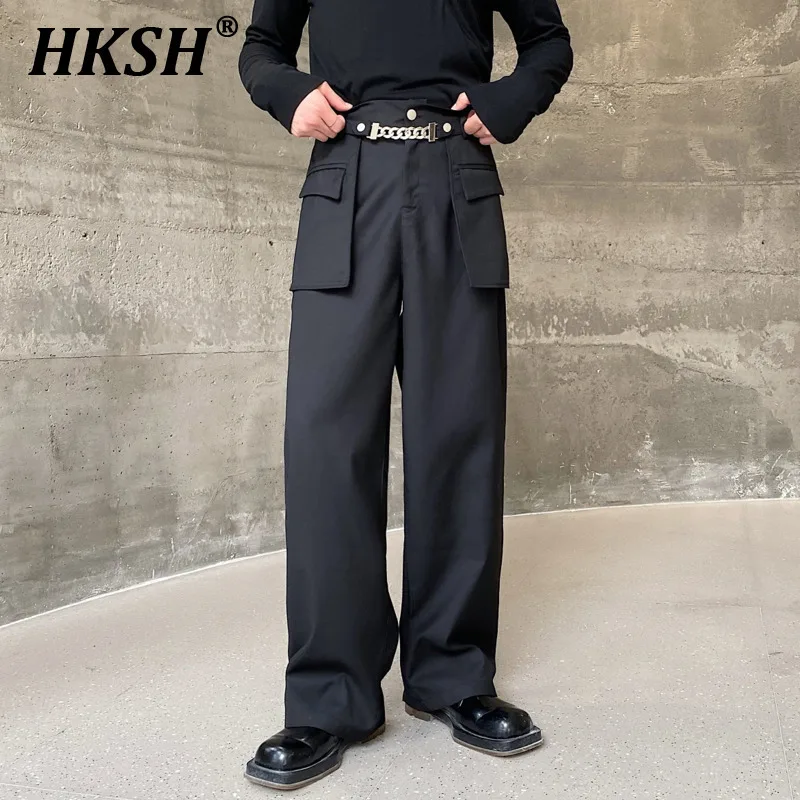 

HKSH High Waisted Chain Workwear Pants Long Men's Collage Flip Three-dimensional Pocket Straight Leg Spring Autumn Casual HK0088