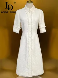 LD LINDA DELLA Elegant Commuter Solid Color Women's Dress Turn-Down Collar Half Sleeved Button Design Cotton Dresses