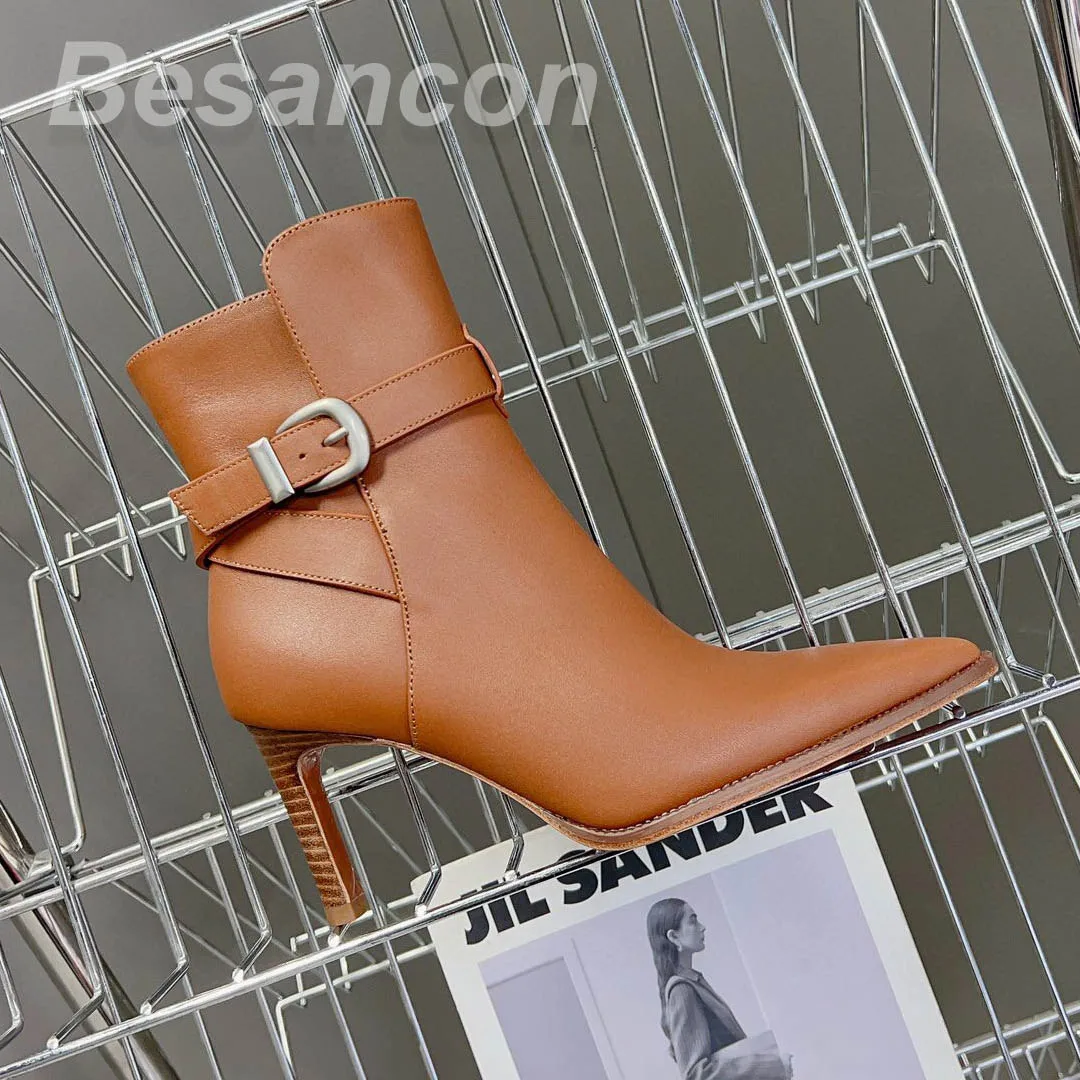 BESANCON 2023 New Arrival Women's heeled boots Genuine leather sole Dress Shoes Camel 8cm Versatile WINTER ANKLE Pointed toe