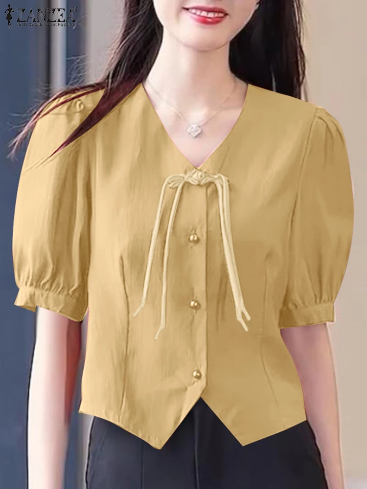 

2025 ZANZEA Summer V Neck Office Work Shirts Elegant Women Blouses Fashion Short Puff Sleeve Blusas Solid Knotted Tops Tunic