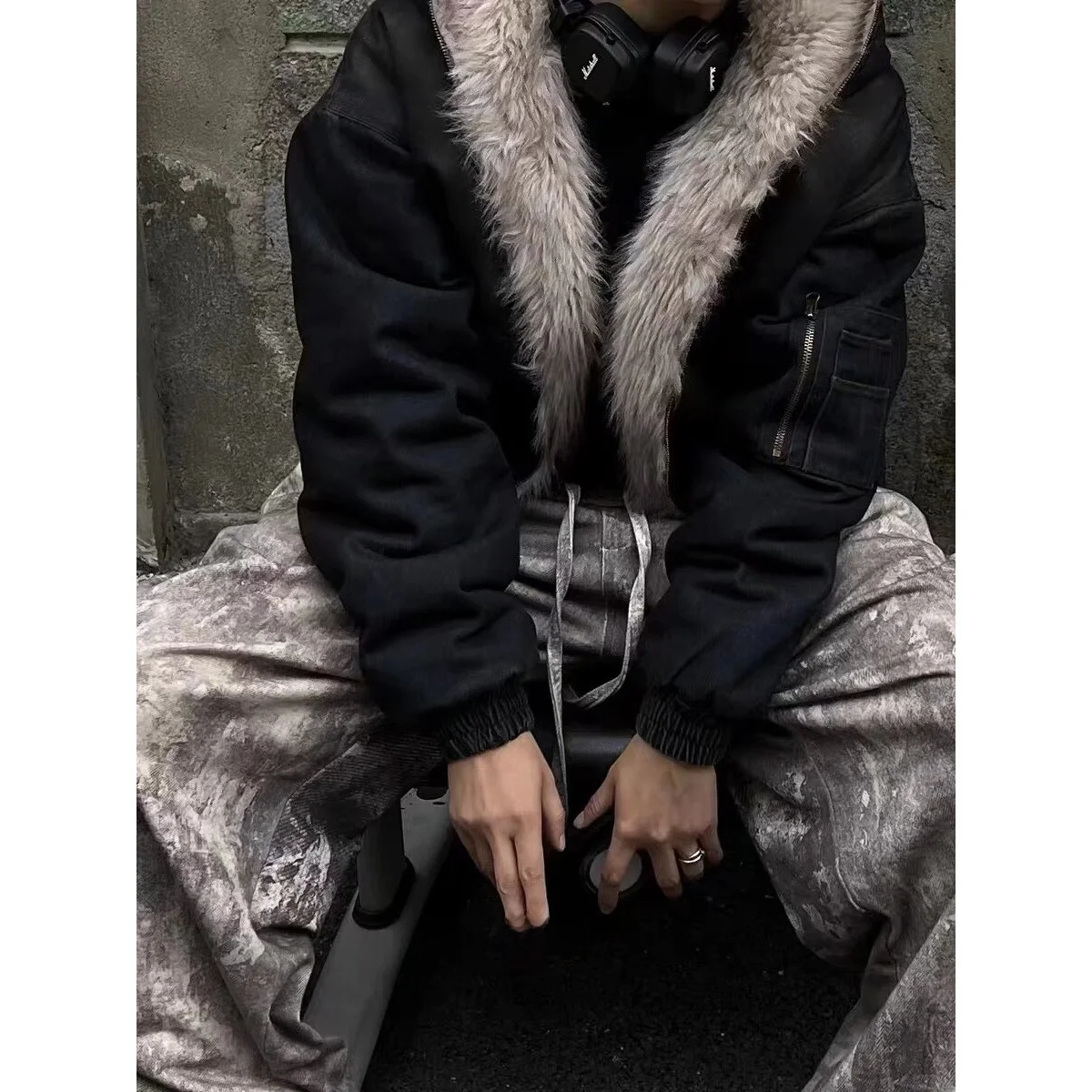 Thiened Fce doublé à capuche Denim Jaet hommes automne hiver grande taille américain Sle Faionable manteau avec col en fourrure