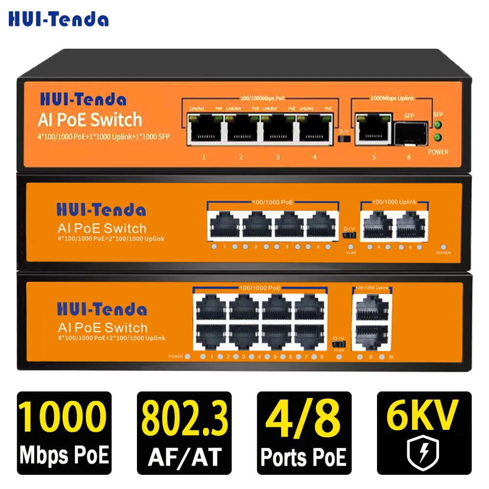 Huitenda 4/8 Ports Full Gigabit POE Switch 100/1000Mbps Built-in Power 65W/120W RJ45 Network Switch for IP Cameras & Wireless AP