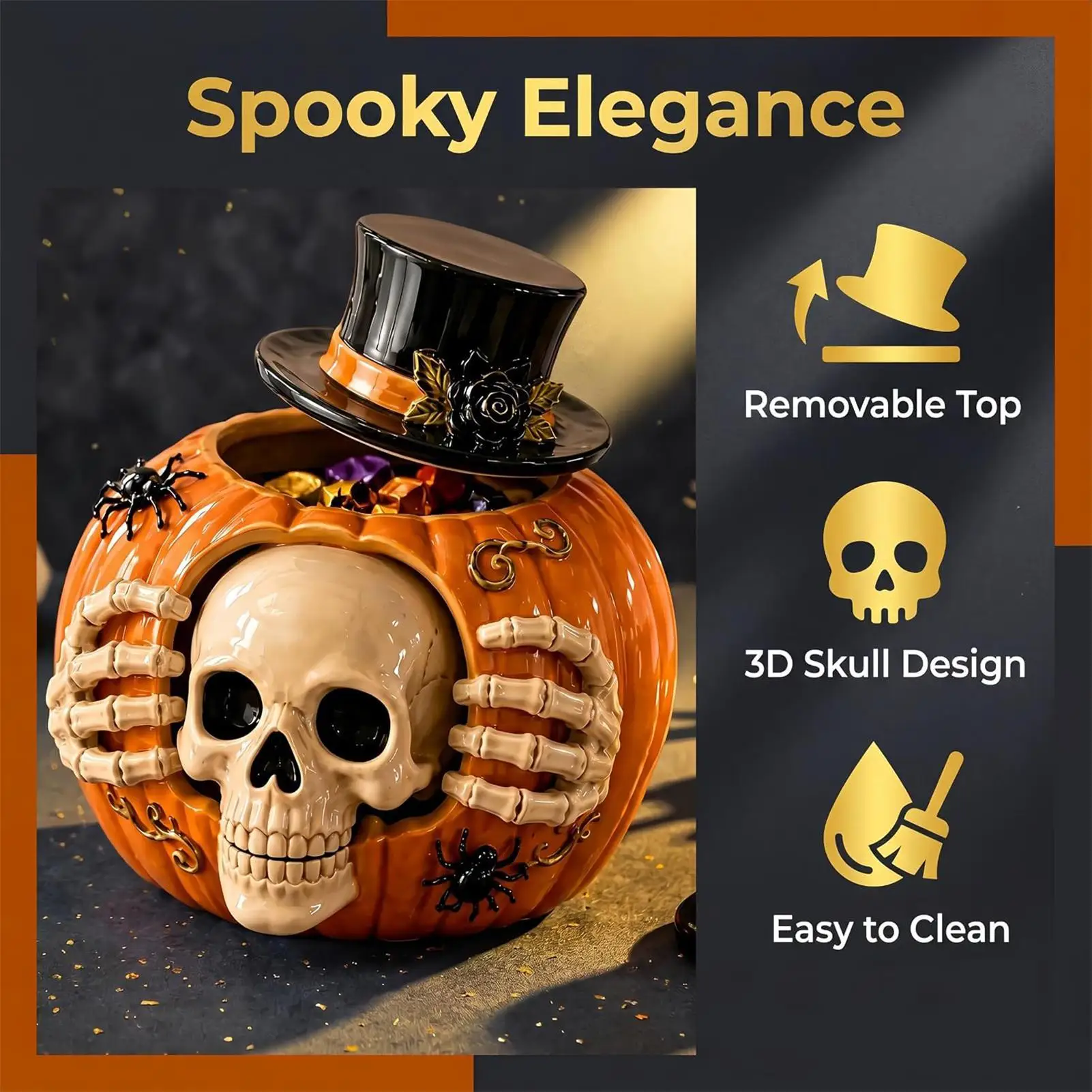 Skeleton Pumpkin Candy Jar Skull Pumpkin Dining Table Decoration Resin Gothic Skeleton Pumpkin Bowl Halloween Cookie Jar view 3