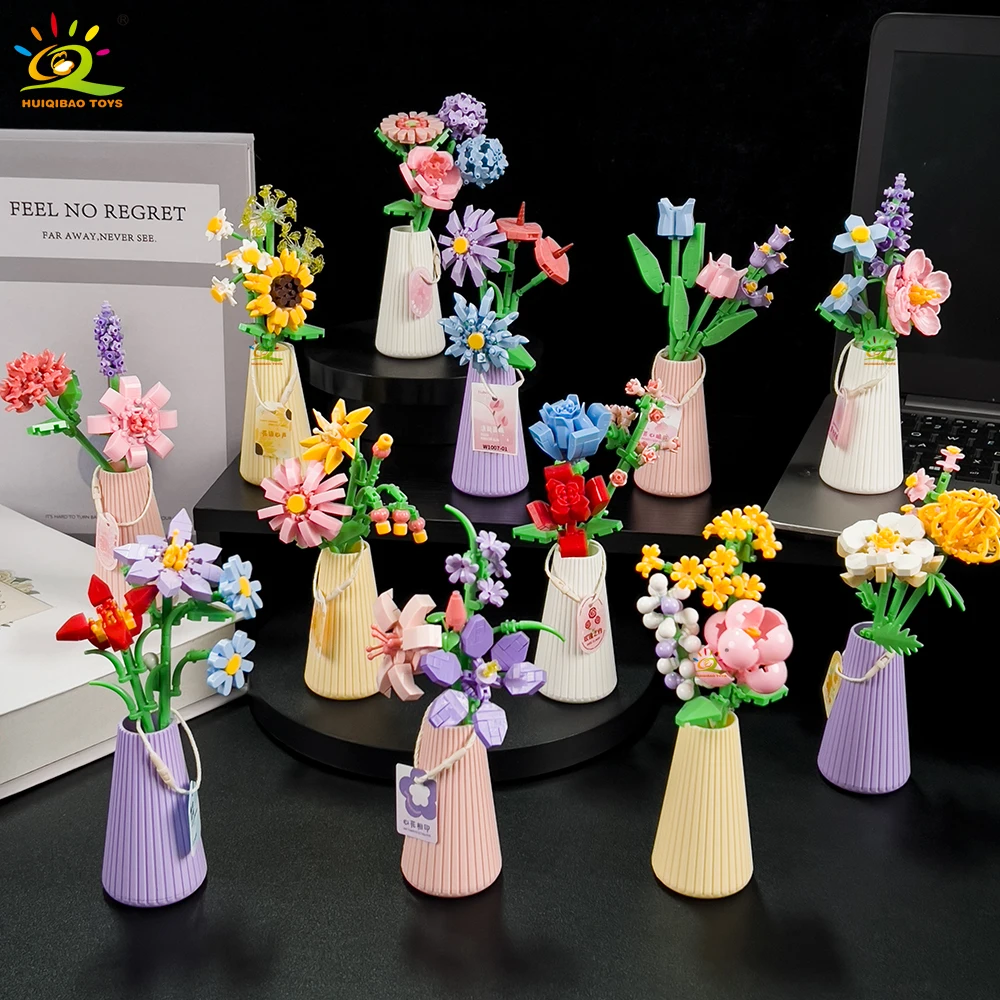 HUIQIBAO MOC Blume mit Topf, Mikro-Baustein, Sonnenblume, Mini-Modell, Ziegelsteine, Set, Blumen, Spielzeug für Erwachsene, Heim- und Schreibtischdekoration