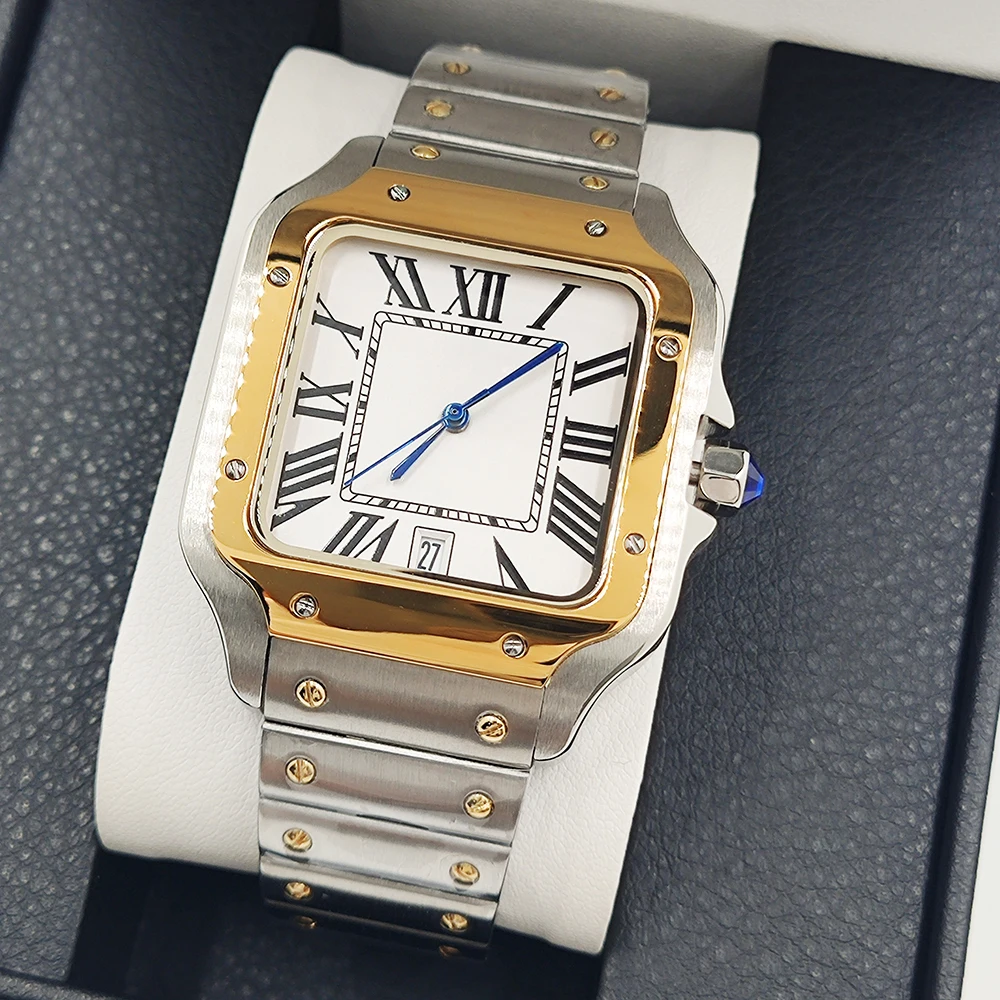 ساعات NH35 ساعات مربعة للرجال والنساء، ساعات أوتوماتيكية للرجال والنساء، ساعات كاجوال بحزام من الخيزران من الفولاذ المقاوم للصدأ