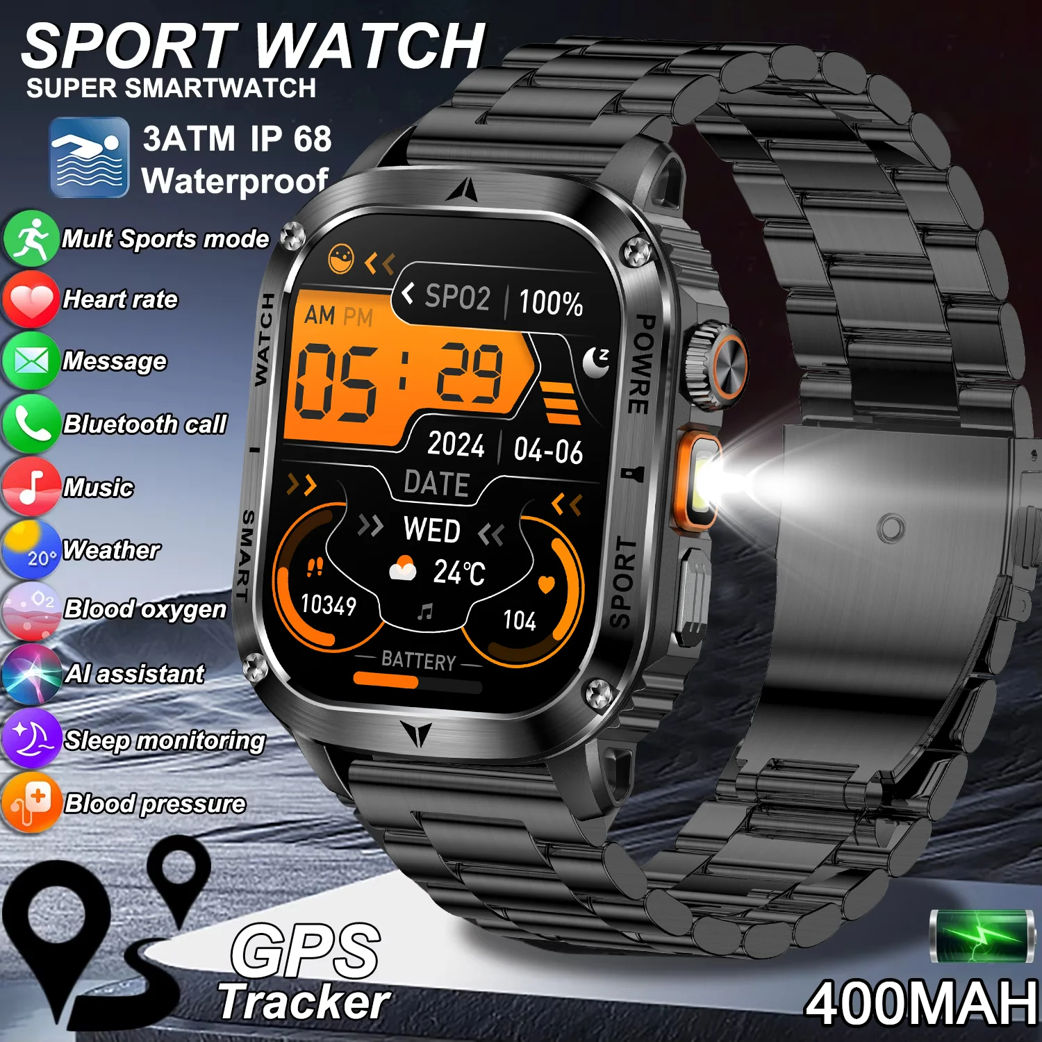 

2025New LED Flashlight Smart Watch Men Bluetooth Call Waterproof 480mAh Large Battery Smartwatch Heart Rate Monitor Smart Watch