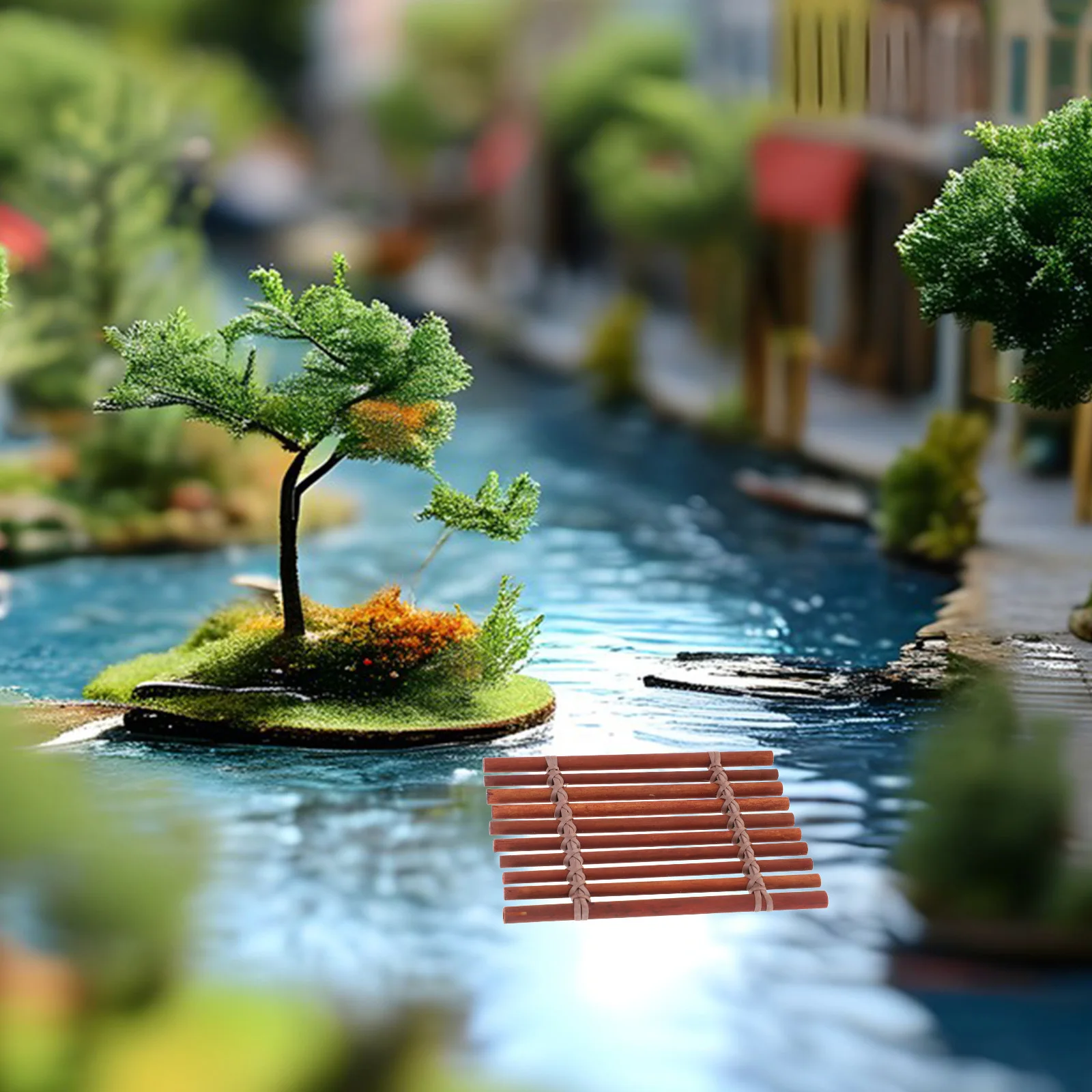 Bambusfloß, Mikrolandschaft, traditionelle gewebte Bambus-Fotografie-Requisite für Mini-Gartenhandwerk, Dekoration, braunes Panflöhrchen