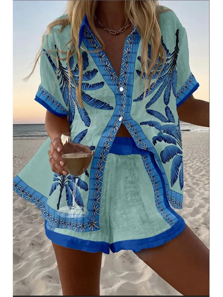 

Summer Fashion New Printed Blouse Shorts Two Pieces Sets Women Lapel Short Sleeve Button Shirt Suit Female Beach Holiday Outfits