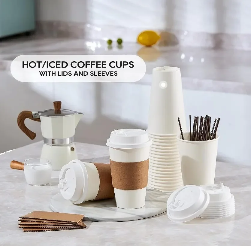 50pcs 16oz Disposable Coffee Cup Set Thickened Odorless Coffee Paper Mug Insulate Cup Sleeve with Lid Package Espresso Coffeewar