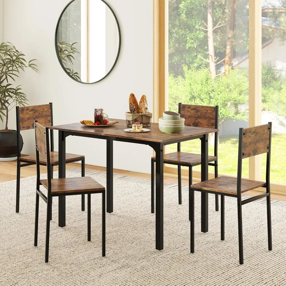 Dining Table Set for 4, 5-Piece Kitchen Table Set with Dinner Table, Dining Chairs, Metal Frame, Space-Saving Dinette Se