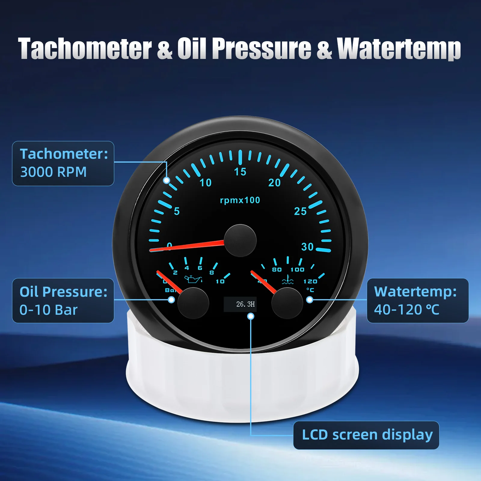 7 Colors 85mm 3 in 1 Tachometer 3000 4000 6000 7000 8000 RPM with Oil Pressure Gauge Water Temp Meter For Car Boat Yacht