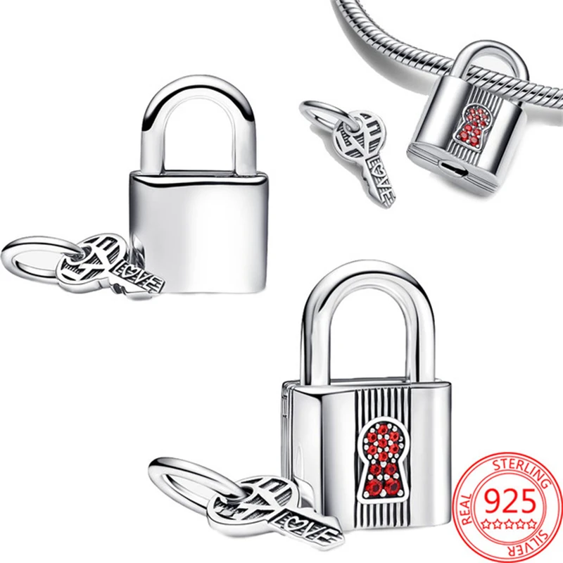 925 Silver Heart-Shaped Hollow Dual Tone key Lock Pendant Charm Fit Original Bracelets Accessories Trinkets DIY Women Jewelry