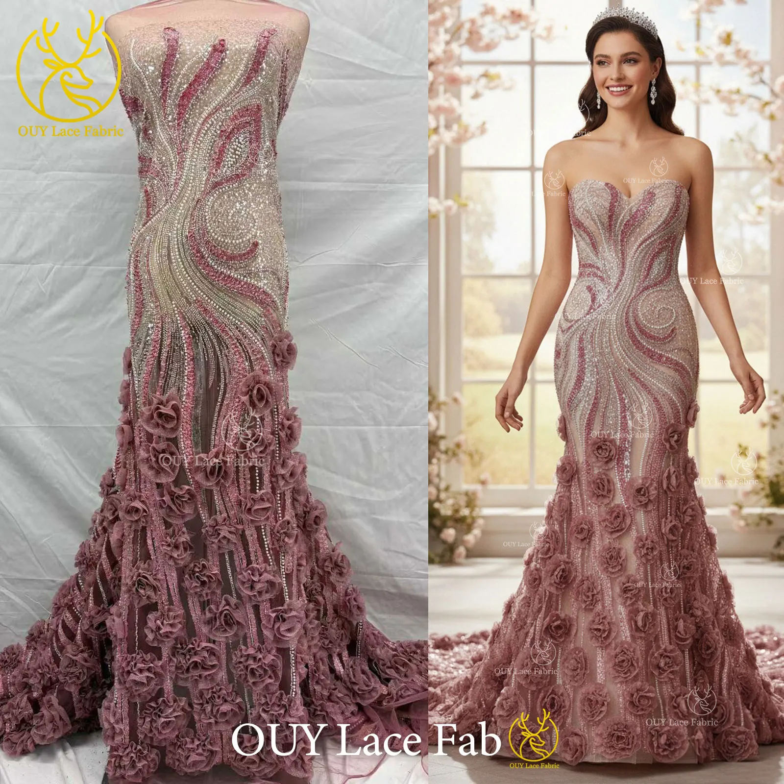 

2026 New Design Nigerian Beaded Sequins Lace Fabric 3D Luxury French Lace Fabric For Bridal Wedding Evening Dress Sewing 5 Yards