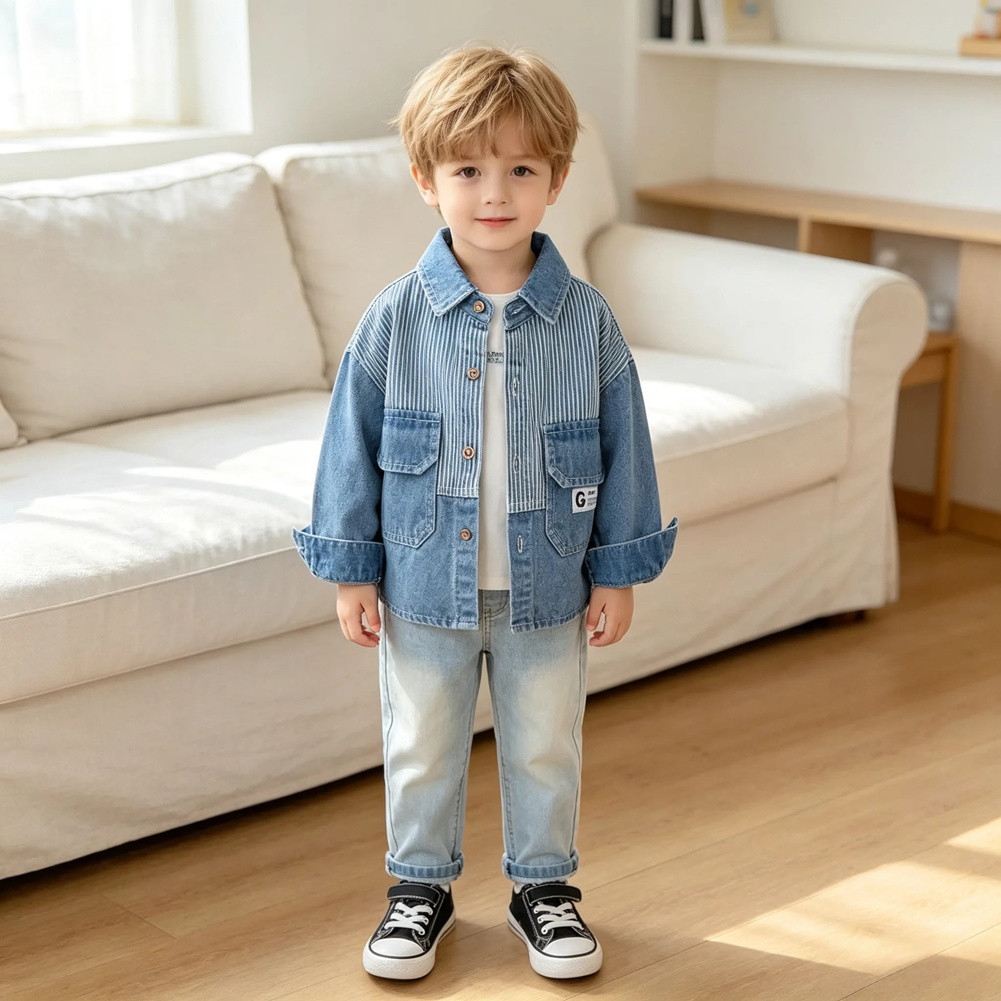 New Autumn Boys Girls Long Sleeve Denim Jacket Casual Outerwear Children's Coat Striped Shirt Coat Kids Daily Outdoor Clothes