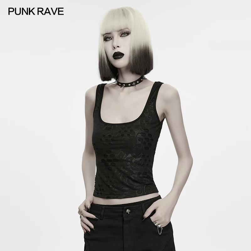 PUNK RAVE Women's Punk Grunge Decadent Tretchy Knitted Cropped Top Square-neck Sleeveless Vest Dark Street Fashion Tank