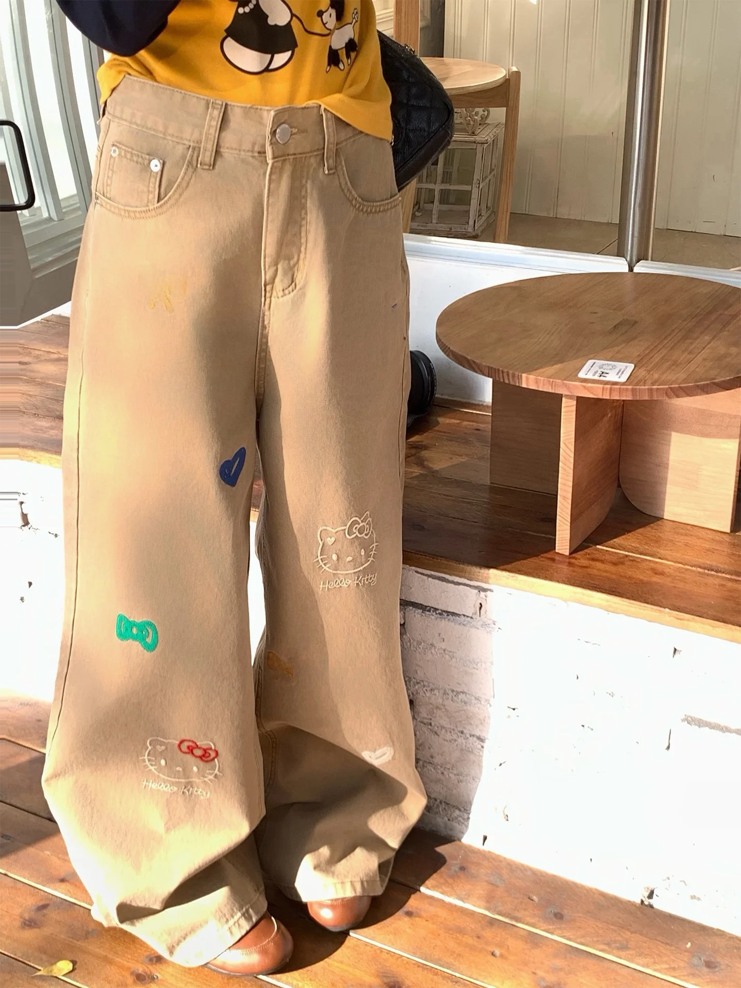 

Женские джинсы свободного кроя с вышивкой, цвет кофе, в американском винтажном стиле, длинные брюки с застежкой на пуговицах на талии