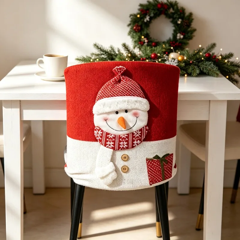 Christmas Decoration Chair Cover Red and White Knitted Santa Claus Chair Set Chair Cover Snowman Chair Cover Back Cover