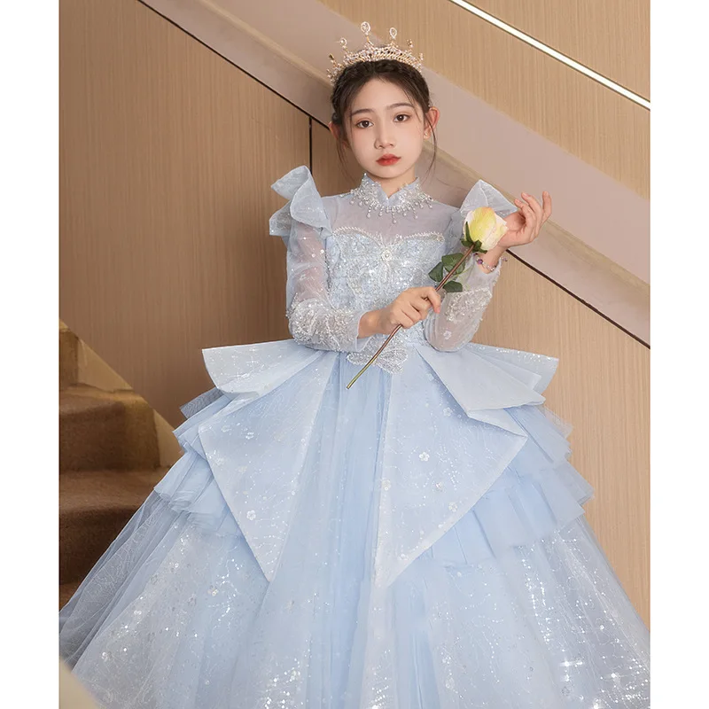 Blue Flower Wedding Little Girl Autumn Long Sleeve High-End Princess Children's Piano Performance Dress
