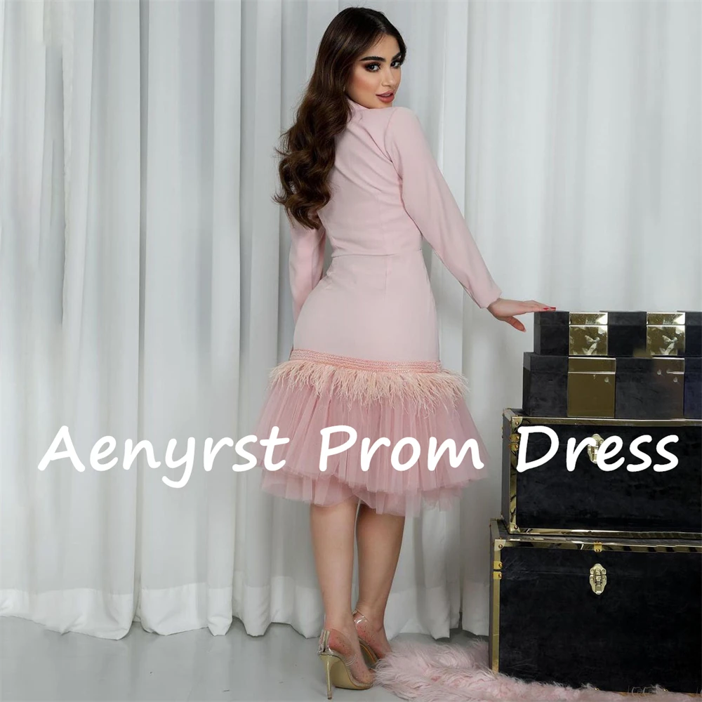 Aenyrst Pink Modern Long Sleeves Saudi Arabia Evening Dresses Mermaid V Neck Satin Prom Dress Tea Length Women Celebrate Gowns