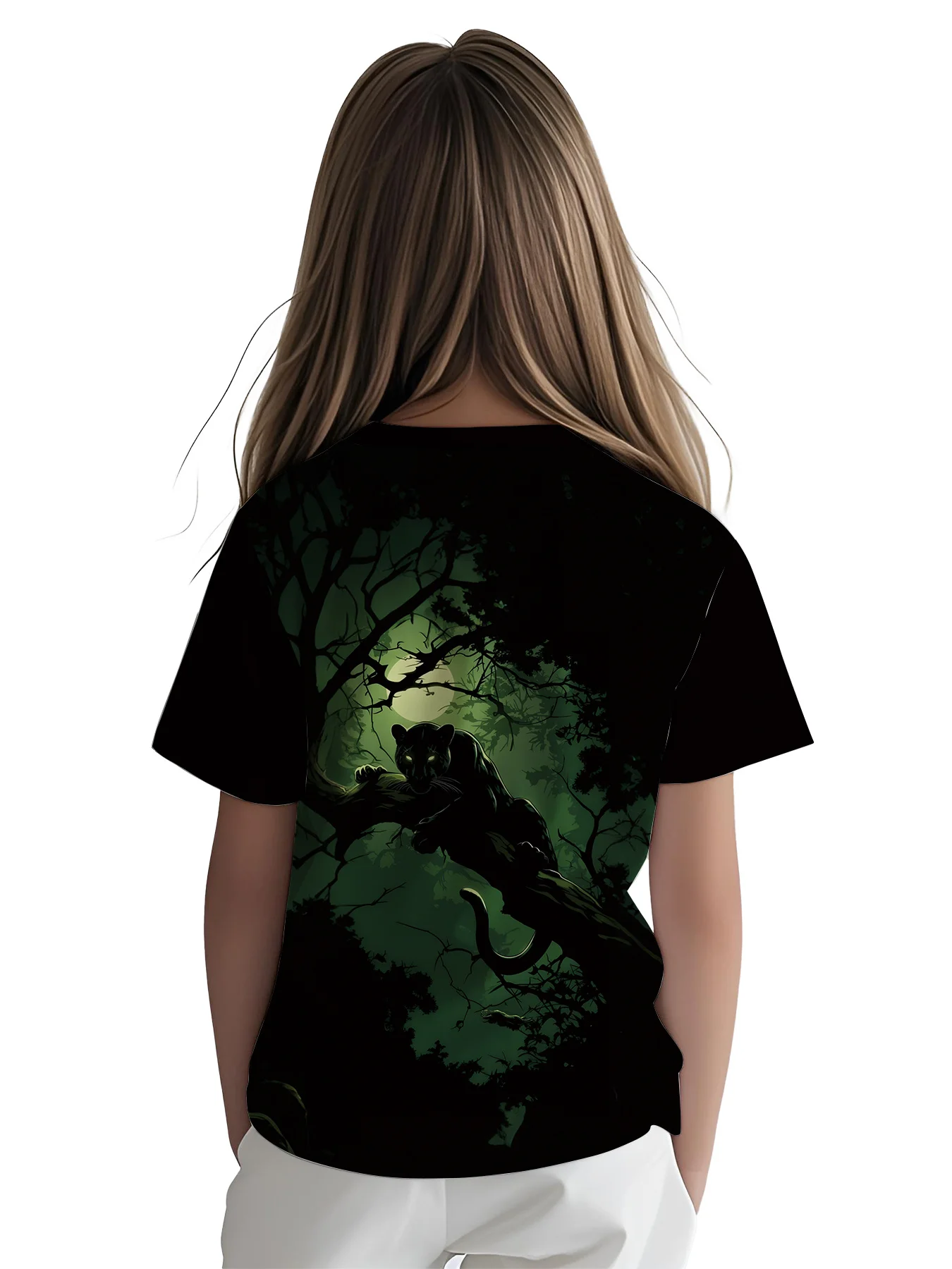 Kids Crew Neck T-Shirt, All Over Printed Night Forest Panther, Girls Fashion Wild Animal Short Sleeve Tee